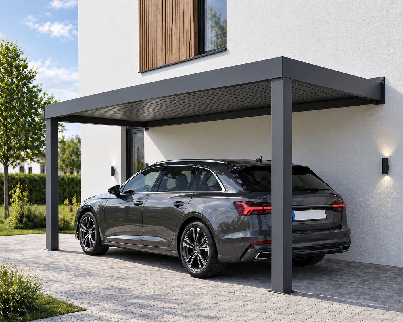 Wizualizacja: aluminiowy carport MK CARPORT przy domu